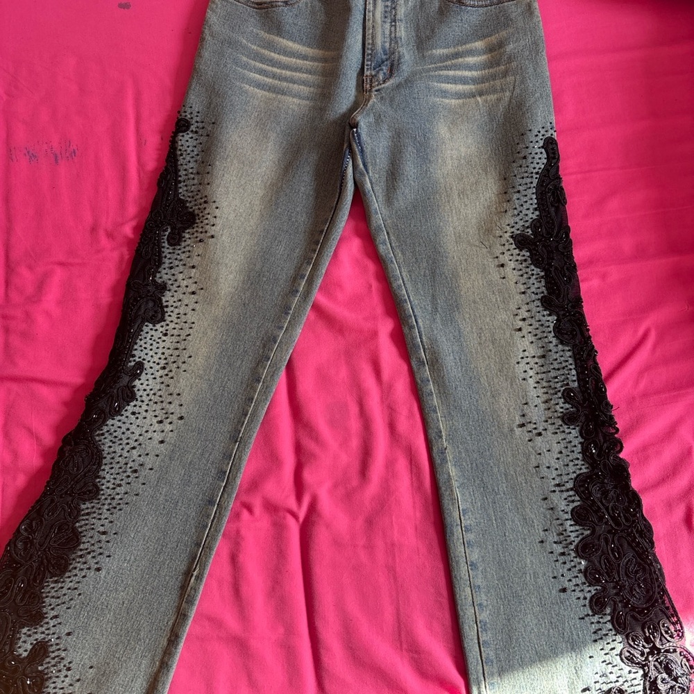 Elegant Women's Flare Jeans with Black Lace Accents